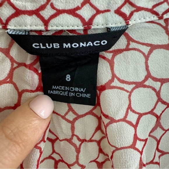 Club Monaco 100% Silk Tunic Blouse Top Sheer 3/4 Sleeve Red Cream Circles 8 - Picture 7 of 8